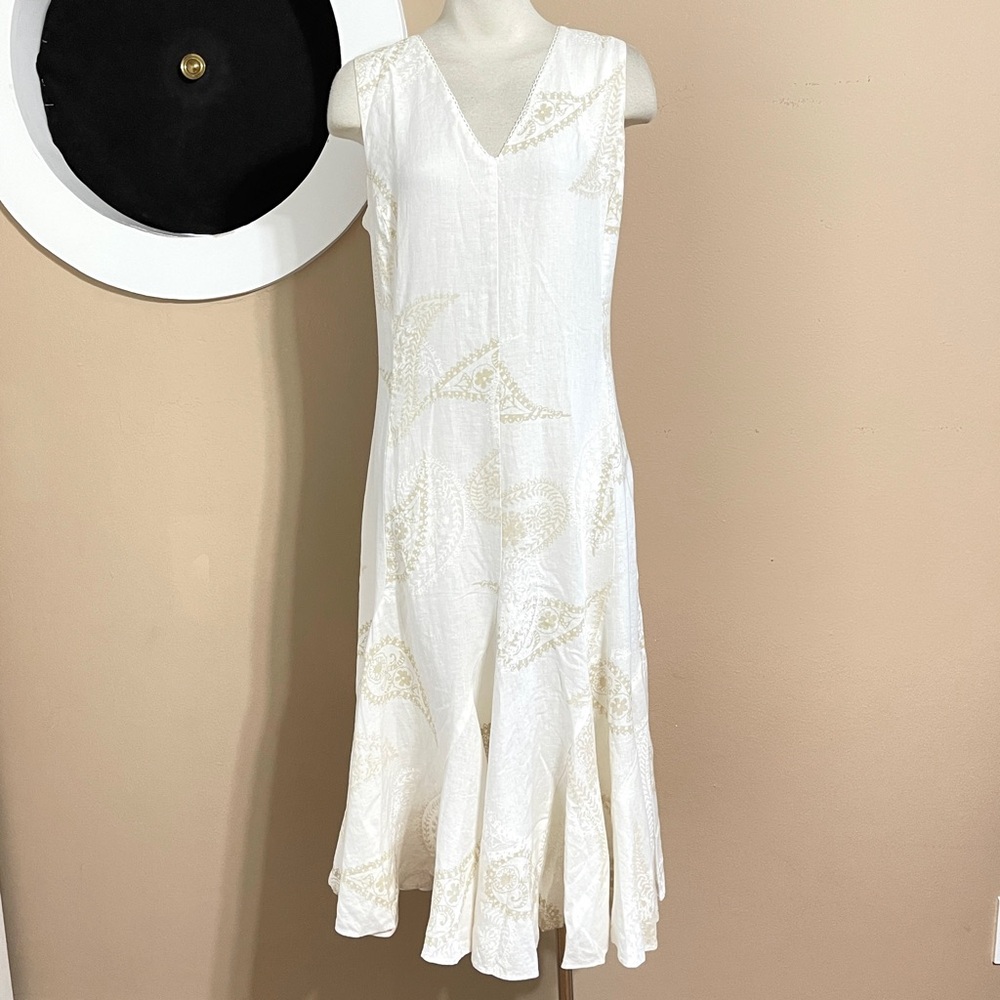Liz Claiborne Ivory Linen Trumpet Dress |  12 |  Lined & Chic Paisley Print